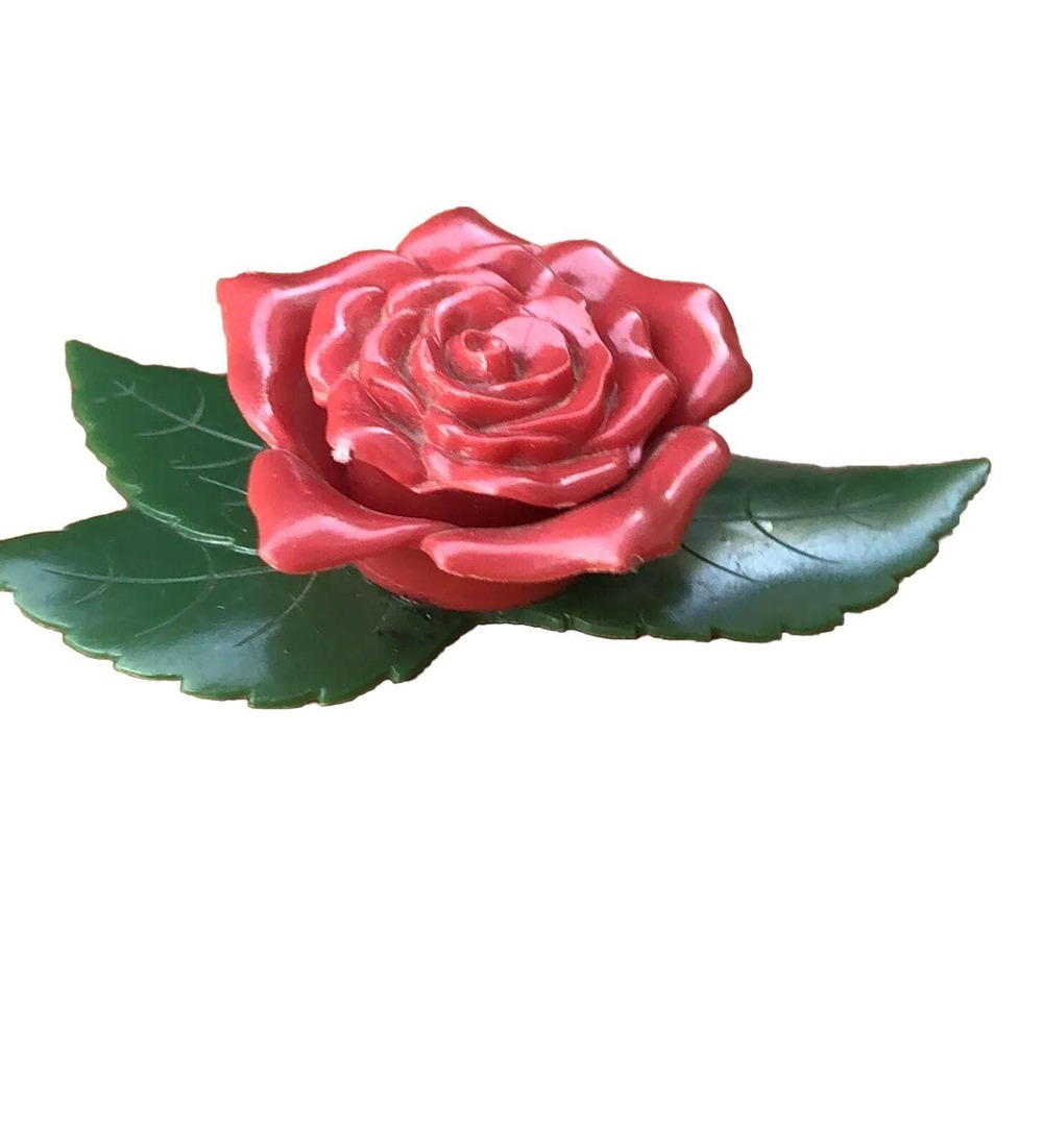 Cruver Chicago Vintage Celluloid Molded Plastic Red Rose Pin Brooch Grannycore